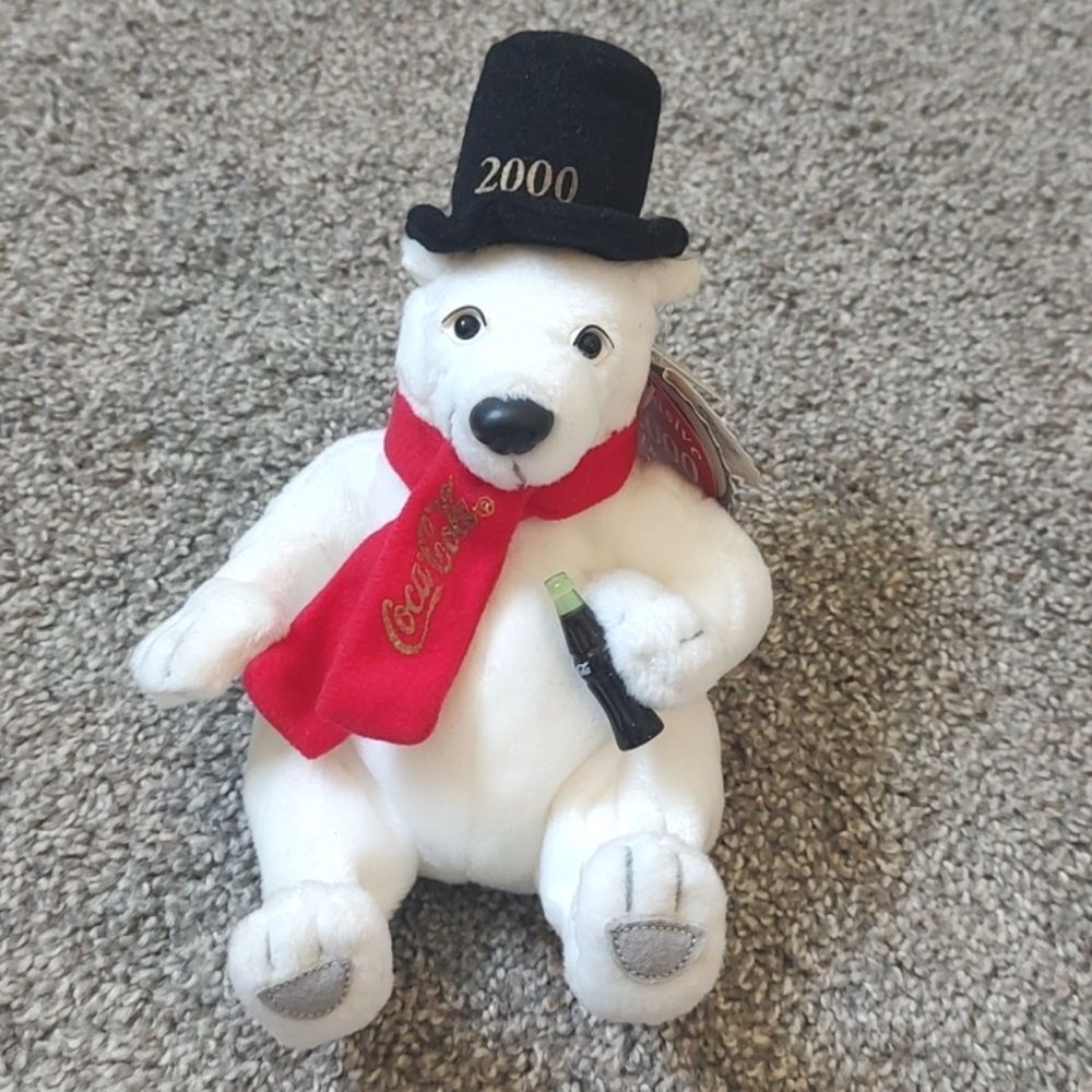 FREE With Purchase Style 0277 Coca Cola Bean Bag Plush Polar Bear In A 2000 Hat